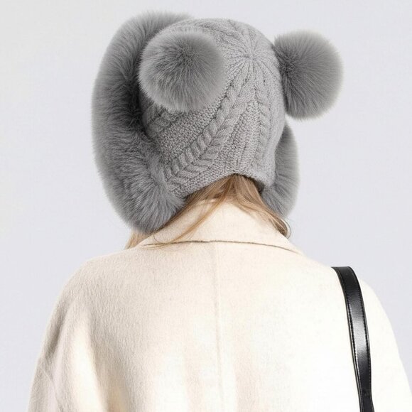 Women Grey Winter Sherpa Beanie Hats Knit Ear Flaps Peruvian Cover Ears main image 2